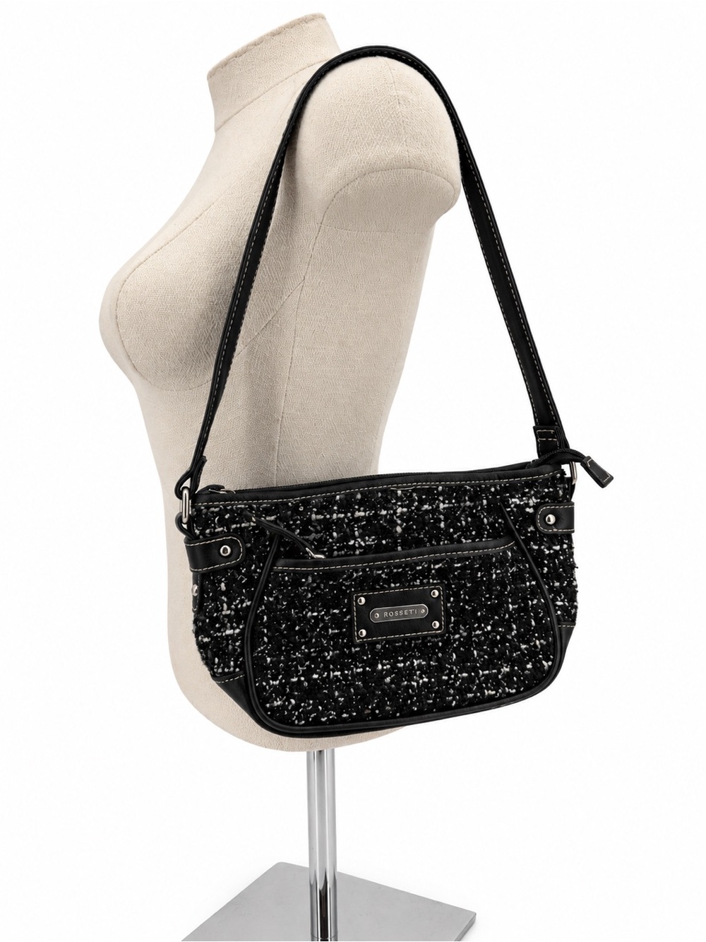 Rosetti Black White Tweed Shoulder Bag Y2K Style Baguette Purse